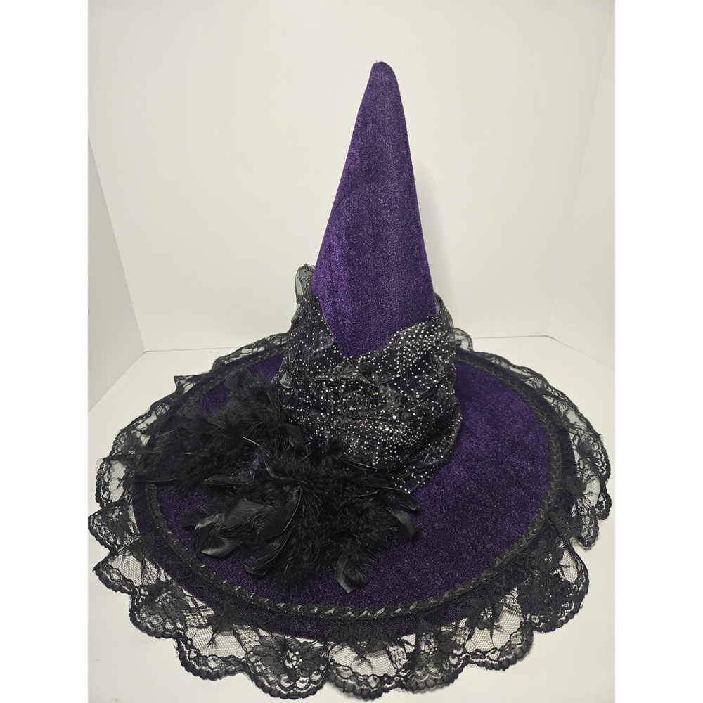 Purple Velvet Witch Hat Halloween Costume Feather Trim Black Lace RN 110545